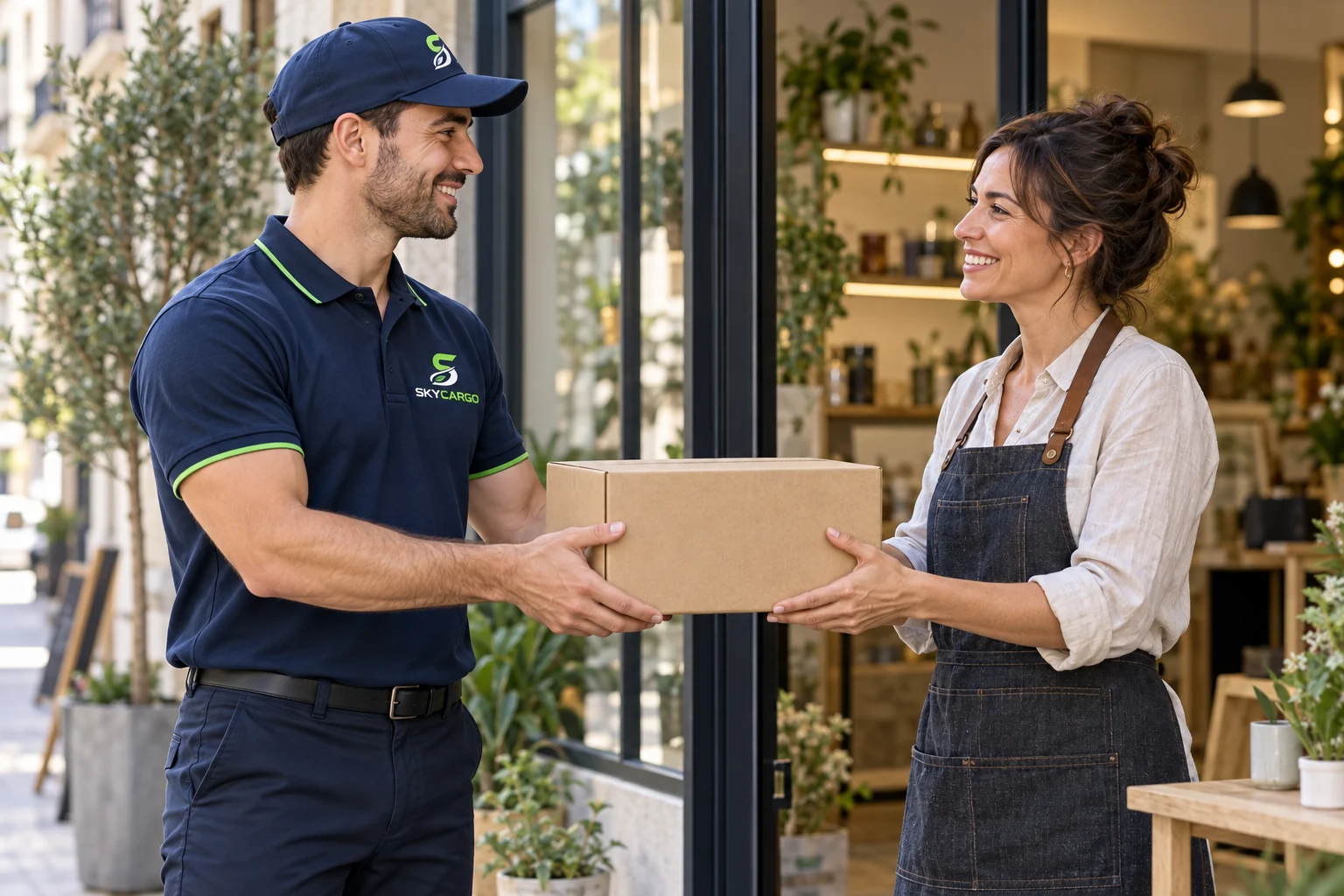 Repartidor con uniforme SkyCargo entregando un paquete a una comerciante