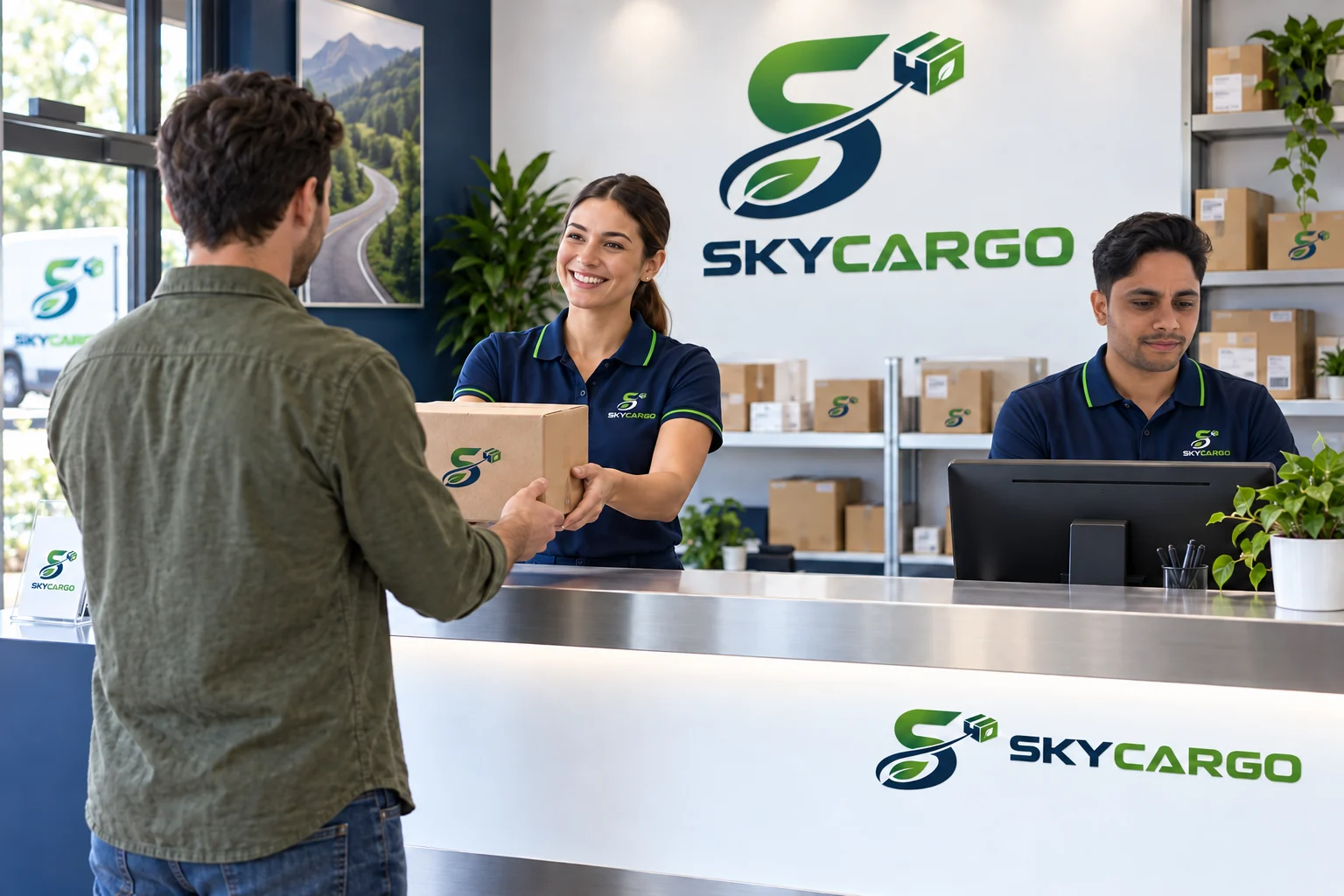 Escena de recepción de paquetes SkyCargo, con personal uniformado y atención al cliente