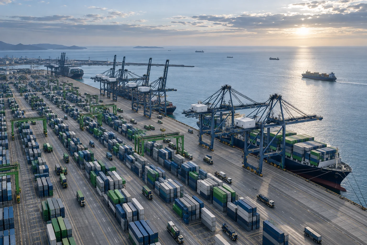 Vista ilustrativa de una terminal portuaria y su zona de contenedores